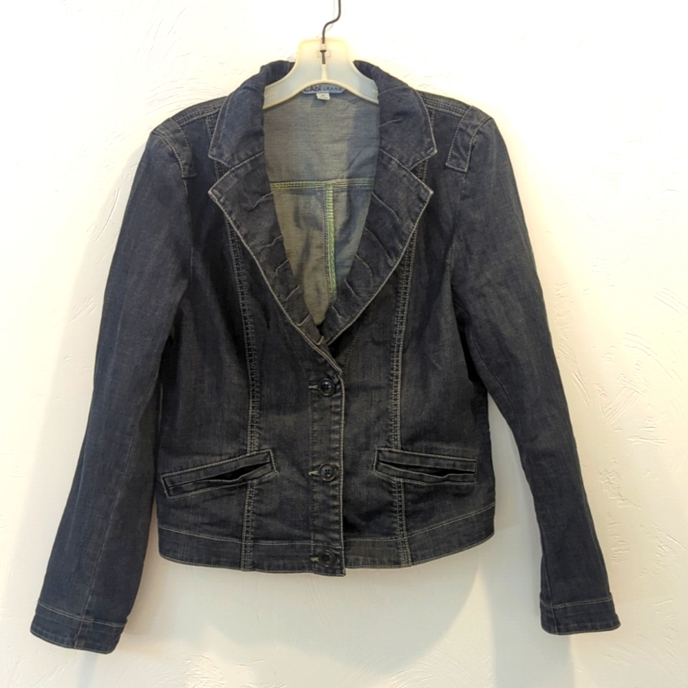 Cabi Jeans Jacket, slim fitting, pleated blazer collar in a dark wash.